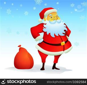 Vector illustration of Christmas background with Santa Claus and red gift bag