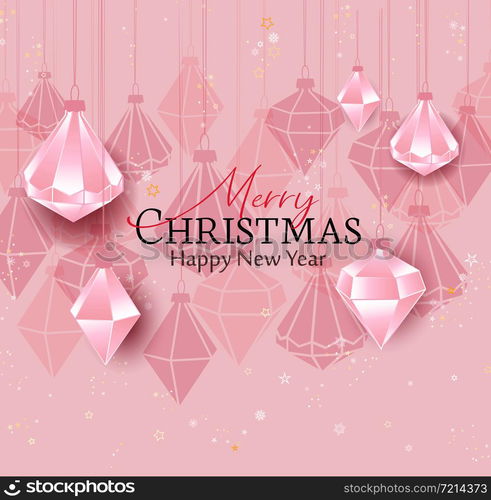 Vector illustration of Christmas balls on a pink background. Merry Christmas card. Diamond Christmas balls