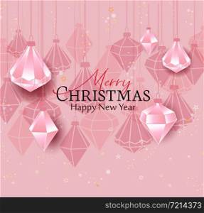 Vector illustration of Christmas balls on a pink background. Merry Christmas card. Diamond Christmas balls