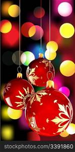 Vector illustration of christmas balls on Decorative background with disco lights dots pattern