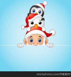 Vector illustration of Christmas card, snowman, penguin and santa