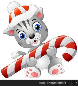 Vector illustration of Christmas cat with candy cane