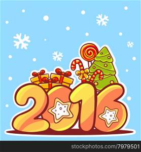 Vector illustration of christmas decorated 2016 on blue background with snowflakes. Yellow and red color. Hand draw line art design for web, site, advertising, banner, poster, board, postcard, print and greeting card.