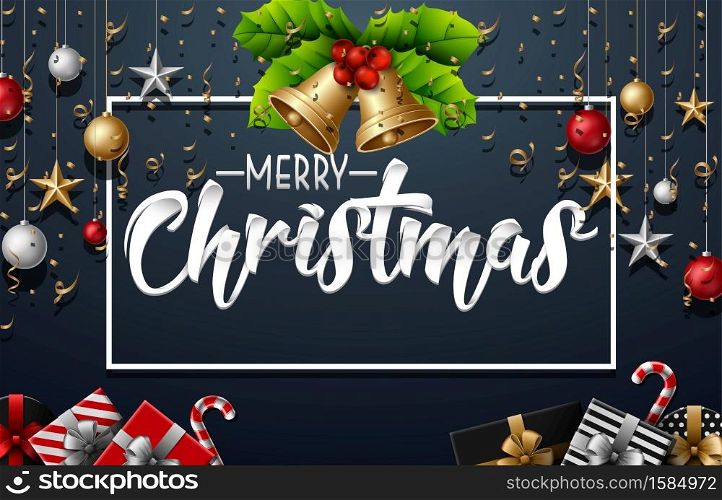 Vector illustration of Christmas decoration with elements and gold confetti on dark blue background