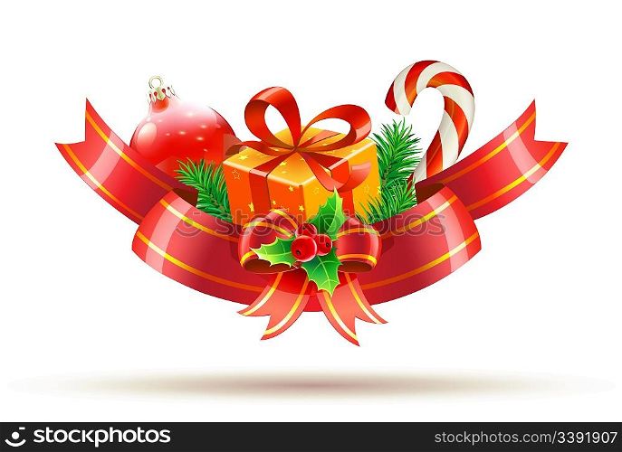 Vector illustration of Christmas decoration with red bow, ribbons, gift box, holly leaves and berries