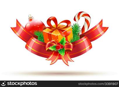 Vector illustration of Christmas decoration with red bow, ribbons, gift box, holly leaves and berries