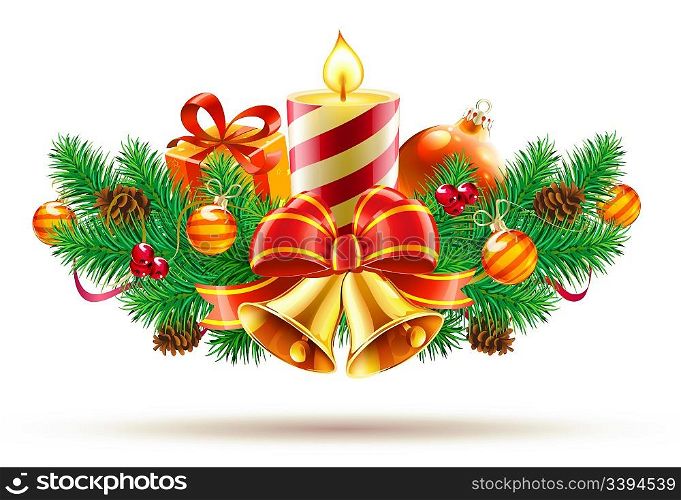 Vector illustration of Christmas decorative composition evergreen branches, bow, ribbons, candle and golden bells