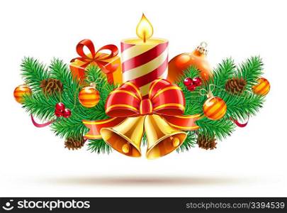 Vector illustration of Christmas decorative composition evergreen branches, bow, ribbons, candle and golden bells
