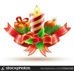 Vector illustration of Christmas decorative composition with red bow, ribbons, candle, holly leaves and berries