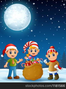 Vector illustration of Christmas elf kids present a sack full of gifts