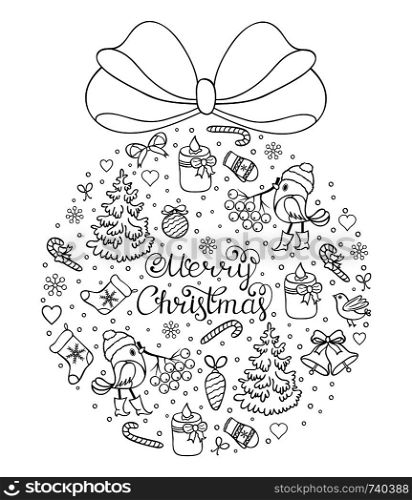 Vector illustration of christmas pattern.Coloring page for children and adult.. hand drawn christmas pattern