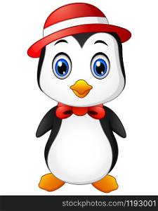 Vector illustration of Christmas penguin in a cap and a bow tie