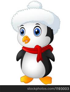 Vector illustration of Christmas penguin with santa hat and scarf