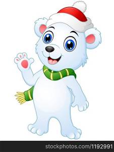 Vector illustration of Christmas polar bear cartoon waving hands