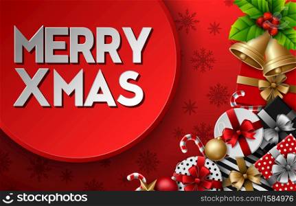 Vector illustration of Christmas round frame with christmas element on red background