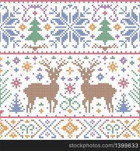 Vector illustration of christmas seamless pattern with deers, trees and snowflakes