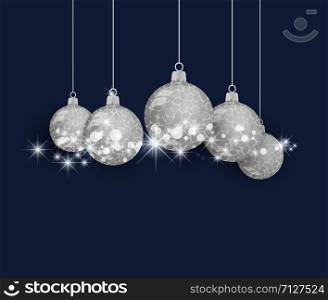 Vector illustration of Christmas silver ball. Christmas decoration on dark background. Christmas ball silver on background