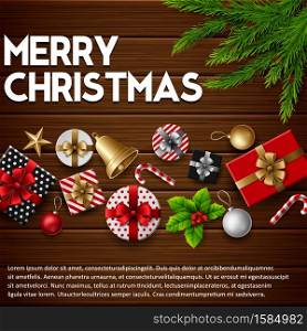 Vector illustration of Christmas wooden background with gift box and christmas elements