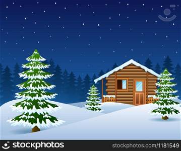 Vector illustration of Christmas wooden house with fir trees