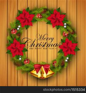 Vector illustration of Christmas wreath with flower and gold bells on wood texture background