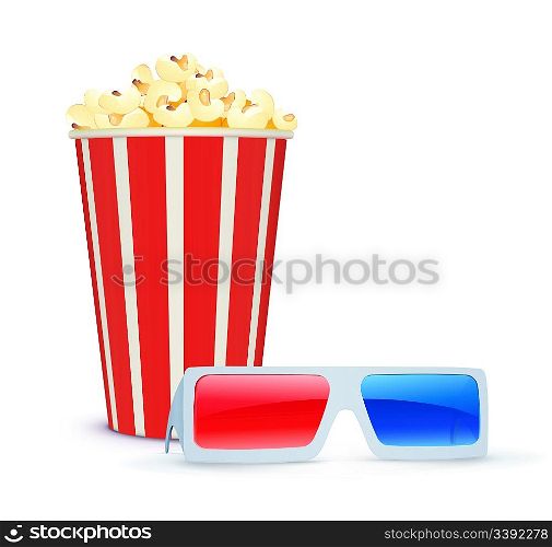 Vector illustration of cinema background with 3D glasses and popcorn