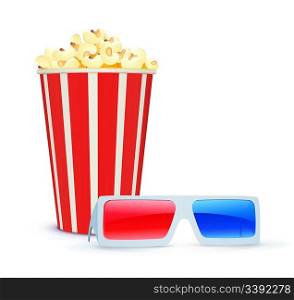 Vector illustration of cinema background with 3D glasses and popcorn