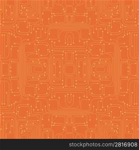 Vector illustration of circuit board pattern includes lines and arrows on the orange background