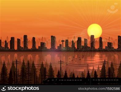 Vector illustration of City at sunset background with train beside a river