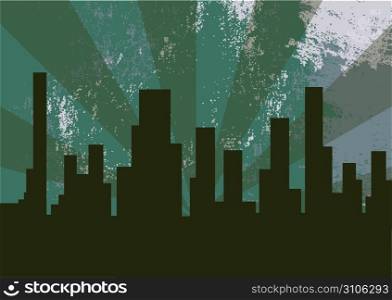Vector illustration of city at the night on the green background
