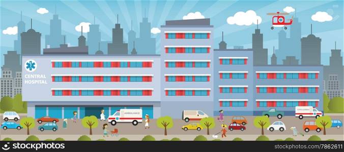 Vector illustration of city hospital (cars &amp; people)