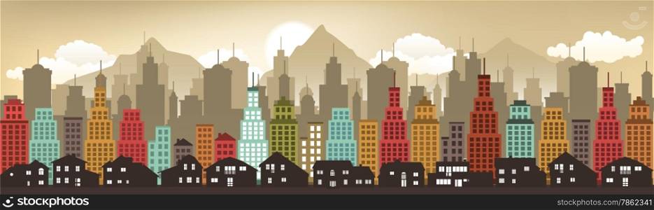 Vector illustration of city in the evening