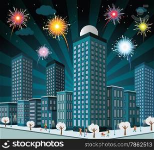 Vector illustration of city in the night and celebration of new year