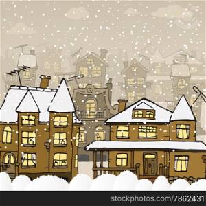 Vector illustration of city in the night (Winter)