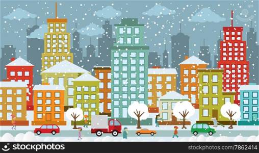 Vector illustration of city in the winter days