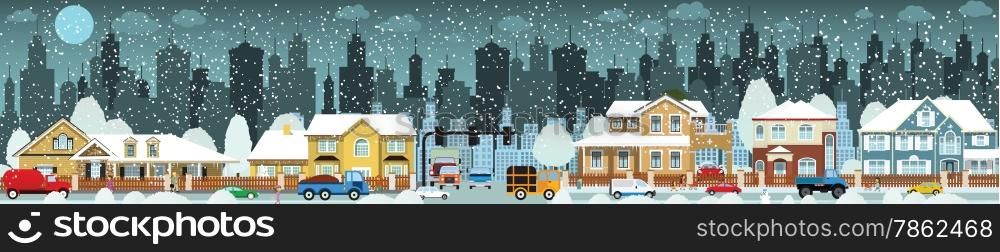 Vector illustration of city in the winter (people, cars, houses)