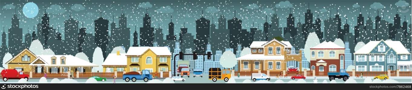 Vector illustration of city in the winter (people, cars, houses)