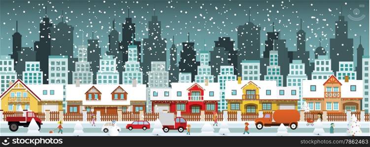 Vector illustration of city in winter (Christmas scene)