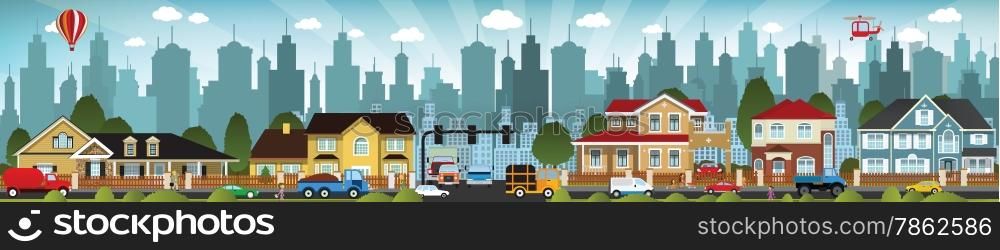 Vector illustration of city life (people, cars, buildings)