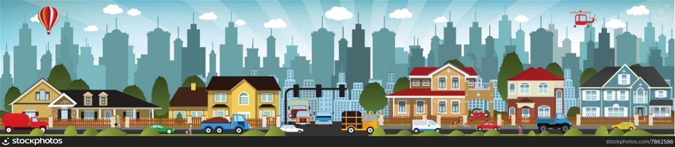 Vector illustration of city life (people, cars, buildings)