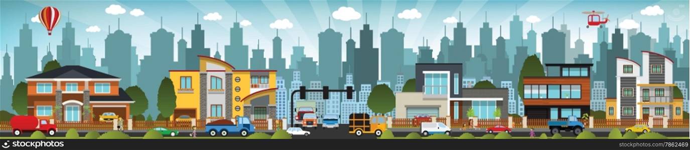 Vector illustration of city street (buildings, cars, people)