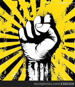 Vector illustration of clenched fist held high in protest on the yellow grunge urban background