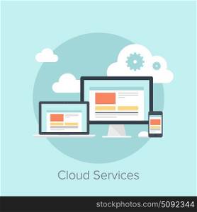 Vector illustration of cloud computing concept on different electronic devices.