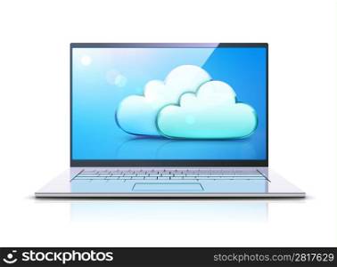 Vector illustration of cloud computing concept with modern laptop and blue internet clouds icon