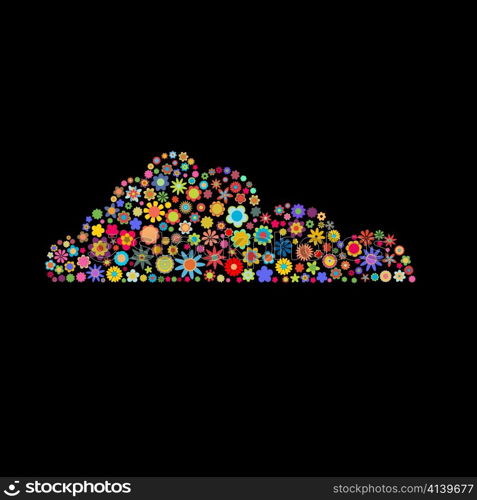 Vector illustration of cloud shape made up a lot of multicolored small flowers on the black background