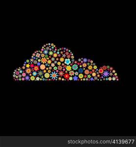 Vector illustration of cloud shape made up a lot of multicolored small flowers on the black background