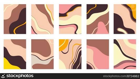Vector illustration of collage of creative paintings with colorful abstract swirls and lines against white background. Set of images with colorful chaotic patterns
