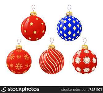Vector illustration of color Christmas balls on a white background. Vector Christmas balls with a golden cap. Glass Christmas balls and ornaments with reflection