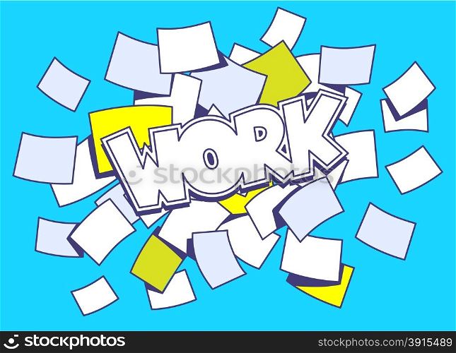 Vector illustration of colored set of flying business documents with word work on a blue background. Hand draw line art design for web, site, advertising, banner, poster, board and print.