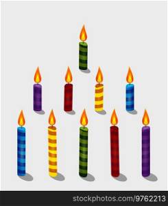 Vector illustration of colored striped burning candles isolated on white background. Clip art. . Vector illustration of colored striped burning candles isolated 