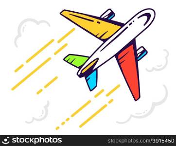 Vector illustration of colorful airplane flying right up among the clouds leaving a trail on light background. Bright color line art design for web, site, advertising, banner, poster, board and print.